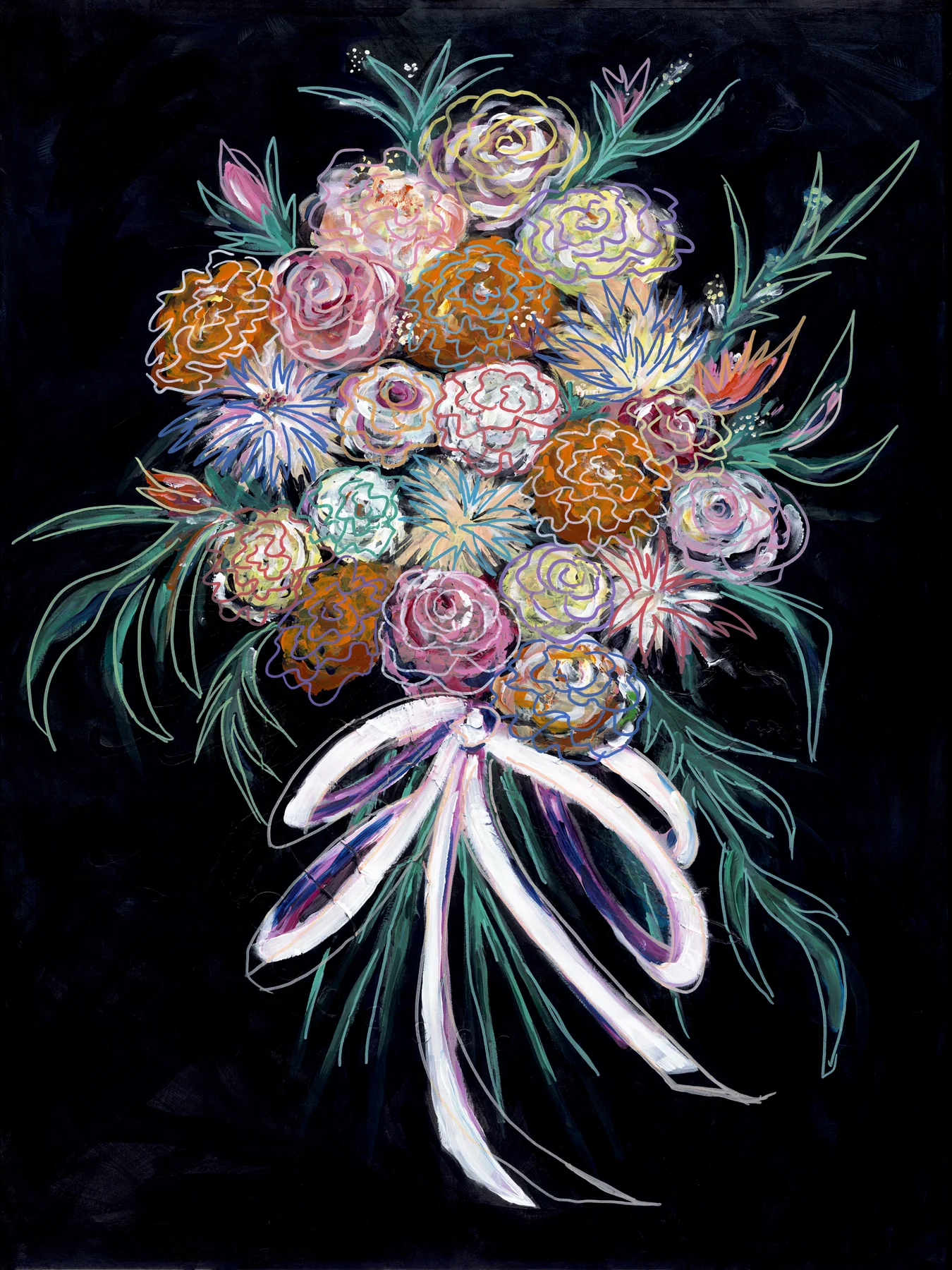 A bouquet of roses, thistles and wildflowers tied with a pale ribbon, on black