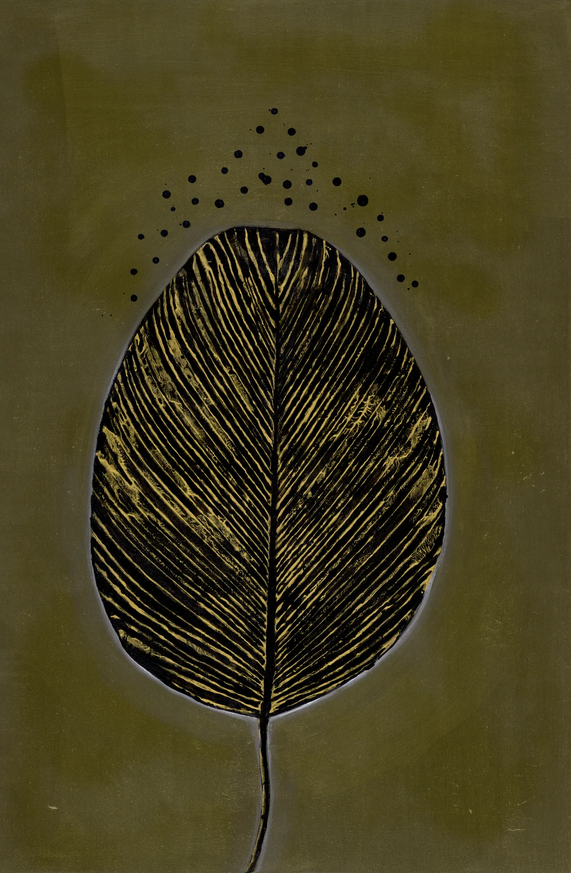 A black leaf with gold veins on an olive ground, under a scatter of dots