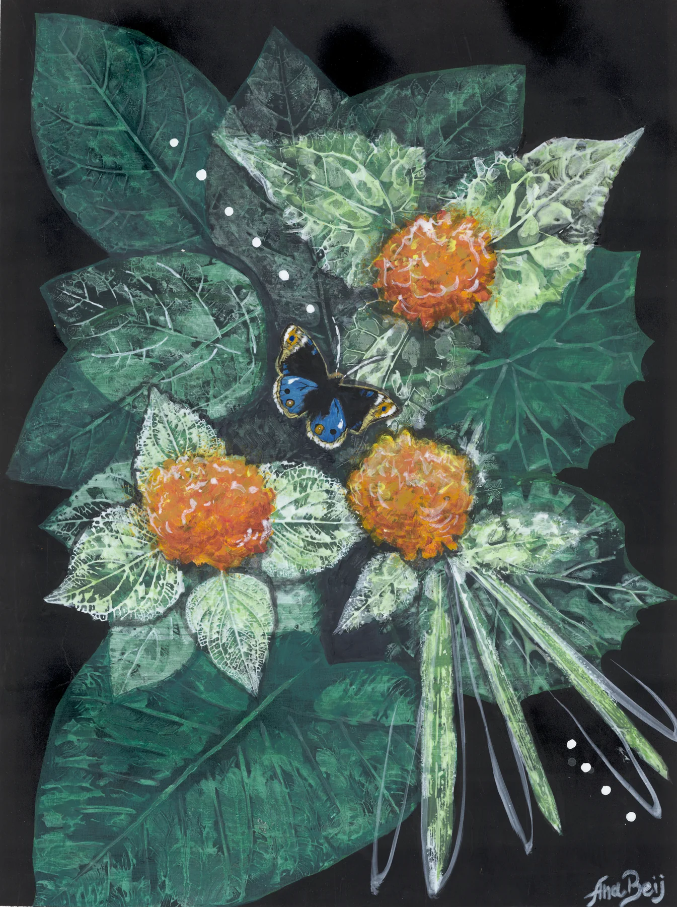 Teal leaf prints with three orange marigolds and a blue butterfly, on black