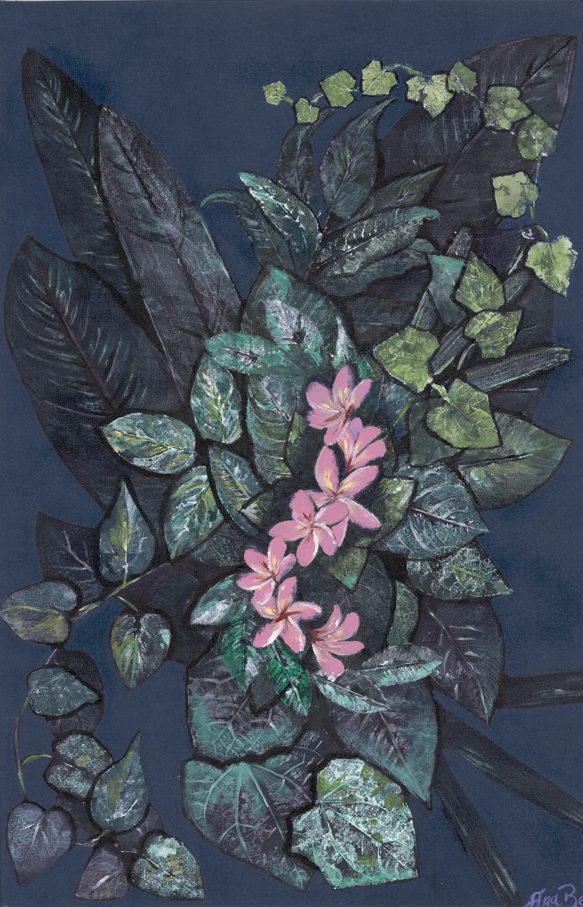 Dark leaf prints on navy with a cluster of pink frangipani flowers