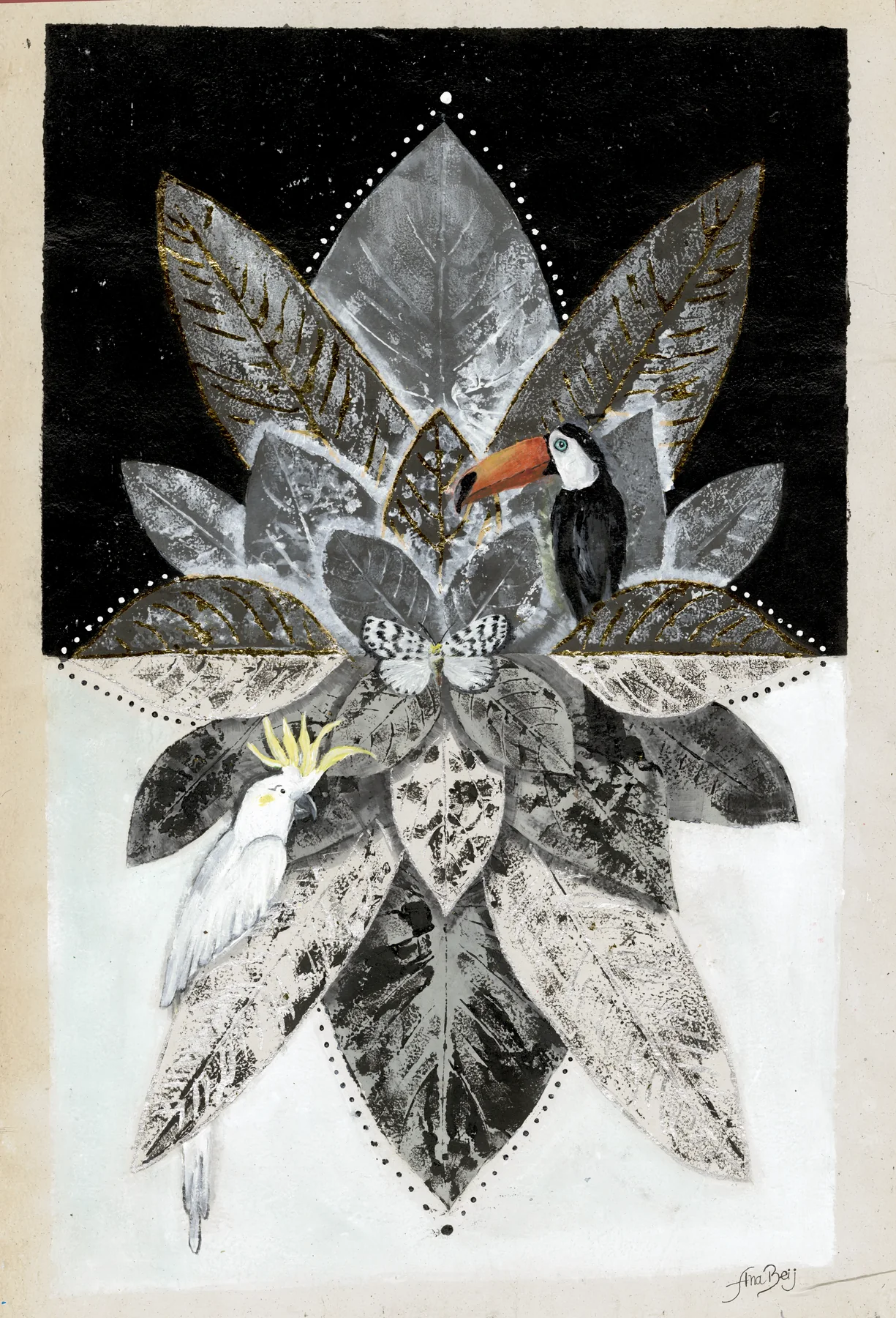 Black and white leaf prints in a mandala, with a toucan and a cockatoo