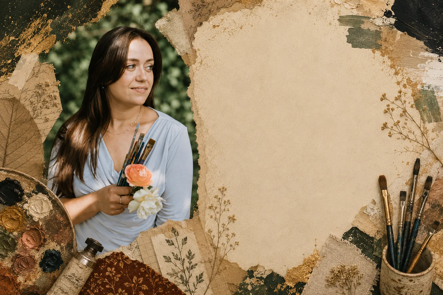 Ana holding paintbrushes and flowers beside a palette, framed by aged paper and pressed botanicals