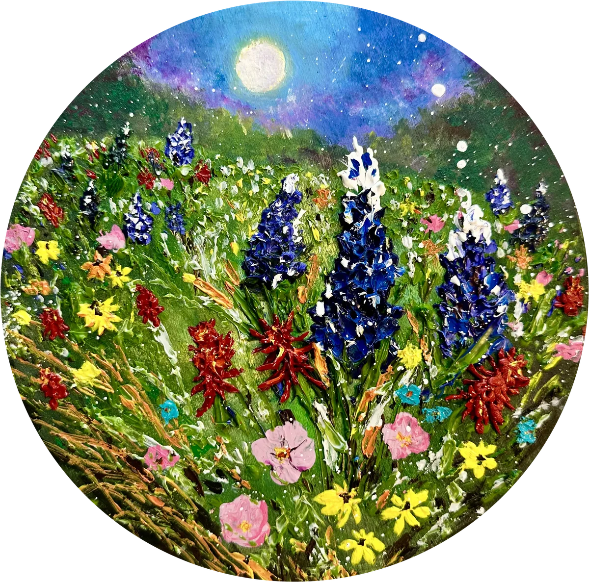 Round painting of bluebonnets and wildflowers under a full moon